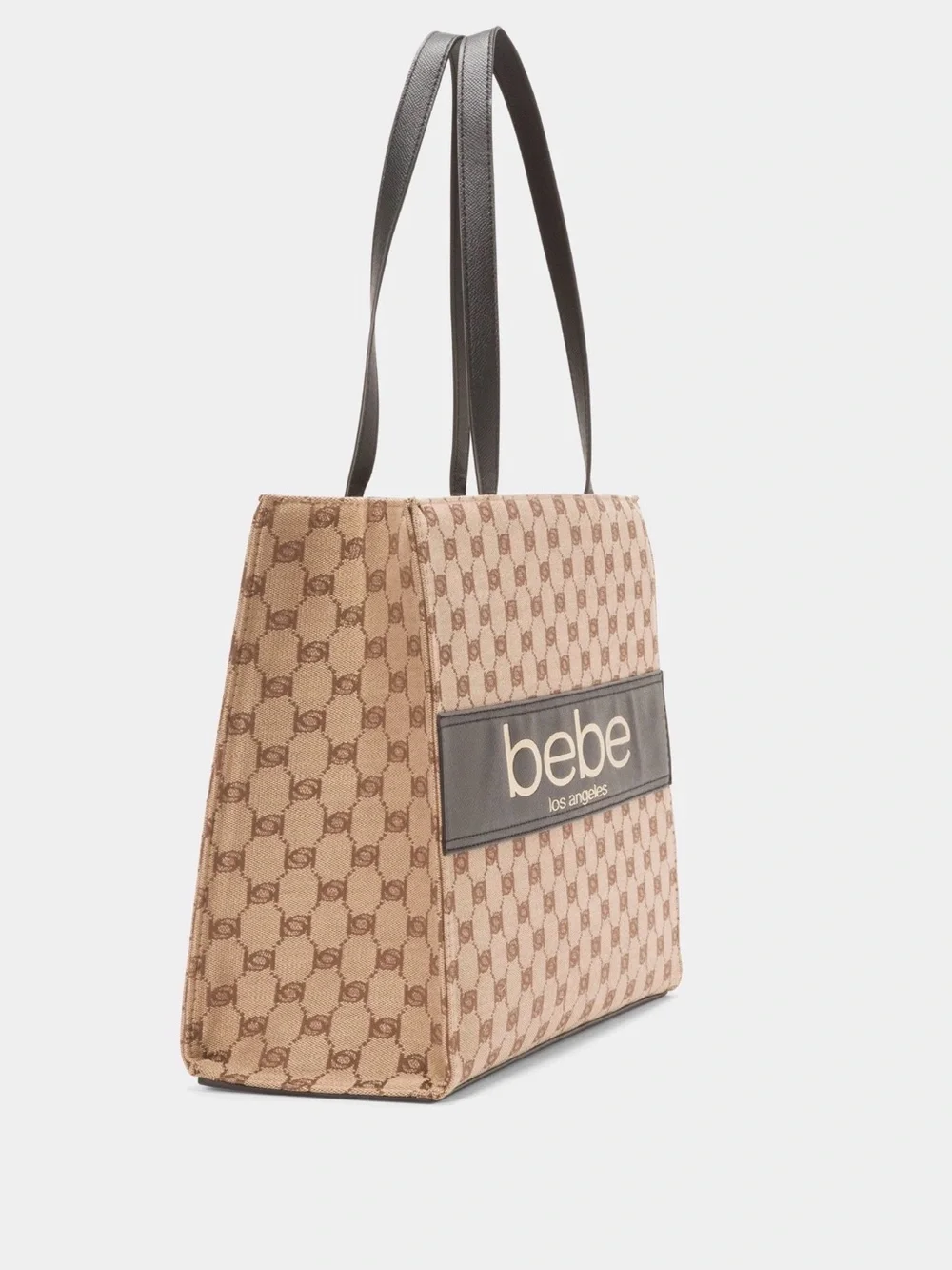 Bebe Los Angeles Monogram Logo Tote Bag Beige Black Large